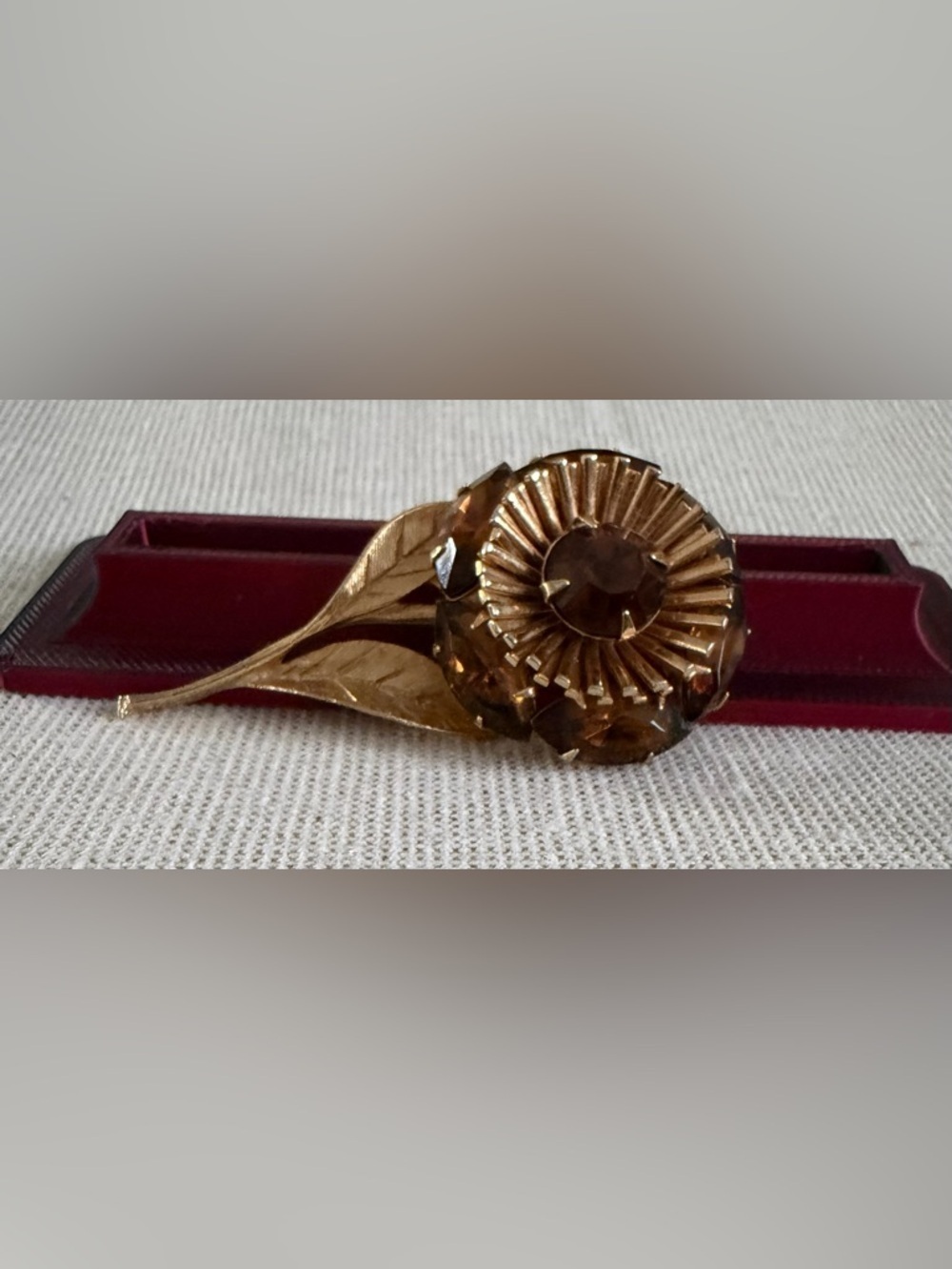 Vintage Gold Tone Floral Brooch with Smoky Rhinestones